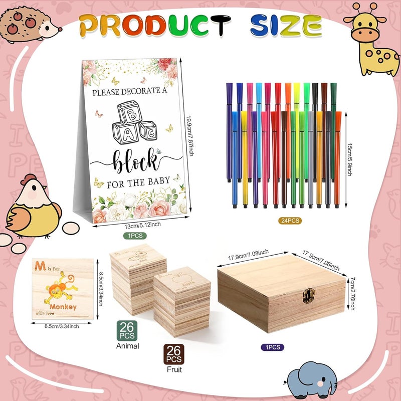 Marsui 78 Pcs Baby Shower Fun Decorate a Block Game Set 52 DIY ABC Letter Blocks 24 Watercolor Pen 1 Game Sign 1 Wooden Box with Hinged Lid for Gender Reveal Baby Shower Party Supplies (Flower) - Image 2